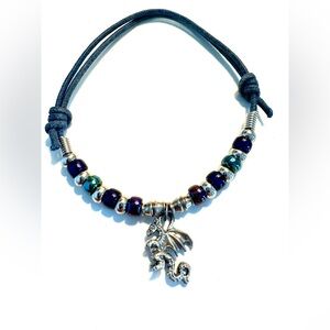 Mystical Dragon Silver Tone Charm Bracelet Adjustable Cord with Iridescent Beads
